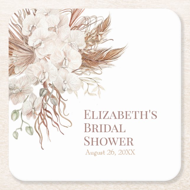 Boho Neutral Pampas Grass Bridal Shower Square Paper Coaster (Front)