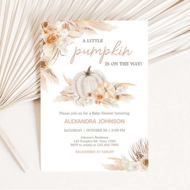 Boho Neutral Pumpkin Baby Shower Invitation (Gender Neutral Little Pumpkin Baby Shower Invitation)