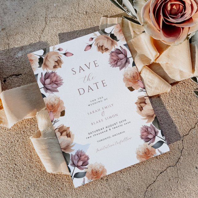 Boho Neutral Purple Floral Wedding Save the Date Invitation (Creator Uploaded)