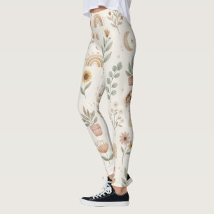 Boho Neutral Rainbow Leggings Earthy Botanical Pat