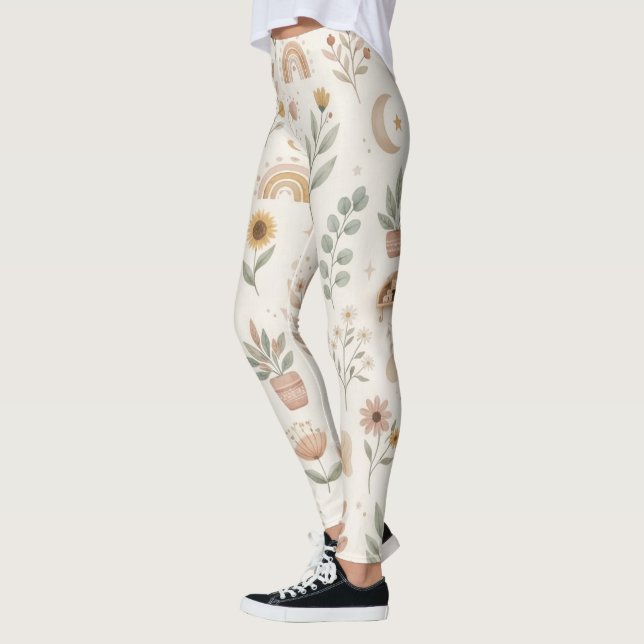 Boho Neutral Rainbow Leggings Earthy Botanical Pat (Left)