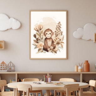 Boho Neutral Safari Monkey Kids Nursery Art Poster