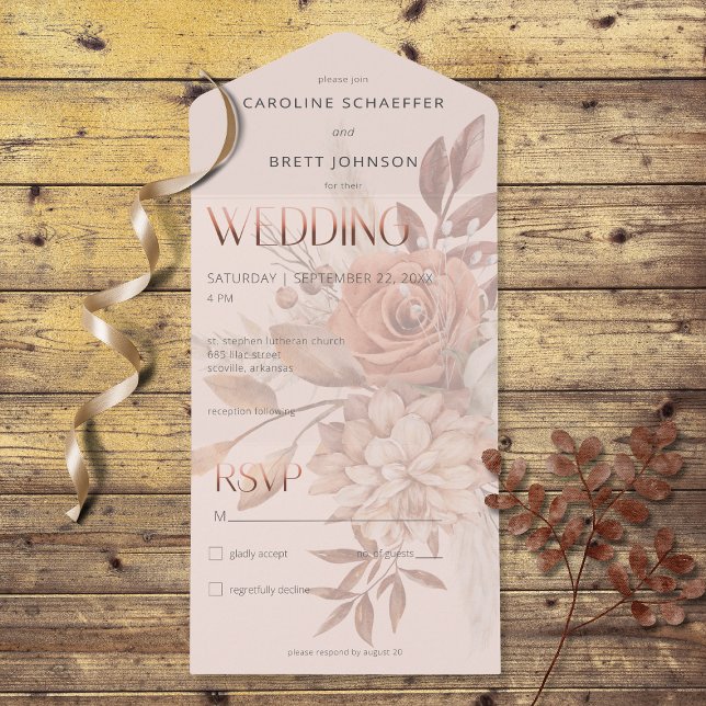 Boho Neutral Soft Autumn Bouquet Blush No Dinner All In One Invitation (Also available with a QR code or with dinner selection options.)