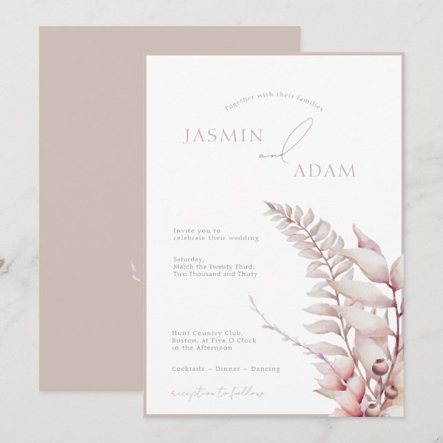 Boho Neutral Soft Pink Floral Wedding Invitation (Front/Back)