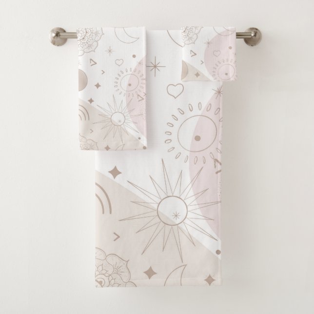 Boho Neutral Space Doodles Aesthetic Design Bath Towel Set (Insitu)