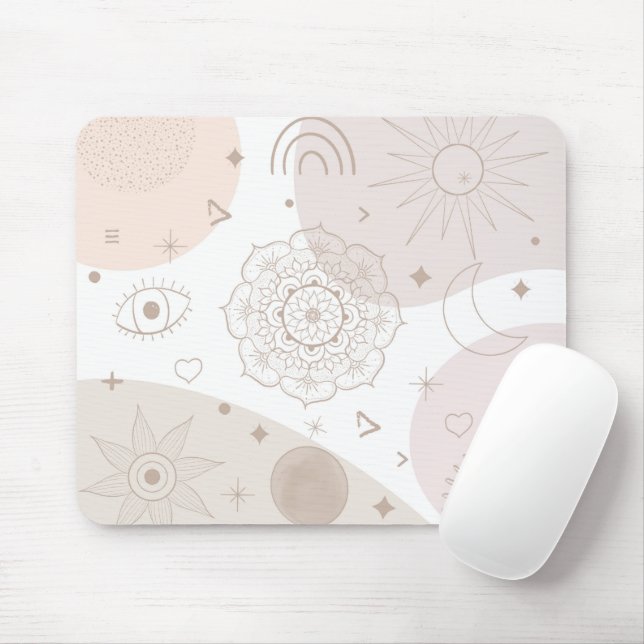 Boho Neutral Space Doodles Aesthetic Design Mouse Mat (With Mouse)