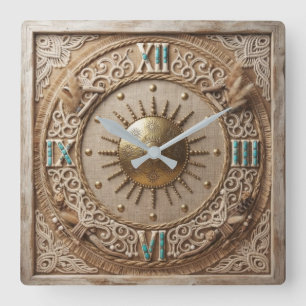 Boho Neutral Sunburst & Macrame Jute Tapestry Square Wall Clock