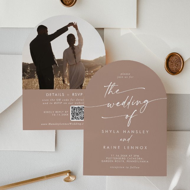 Boho Neutral Taupe Photo QR Code Arch Wedding Invitation (Creator Uploaded)