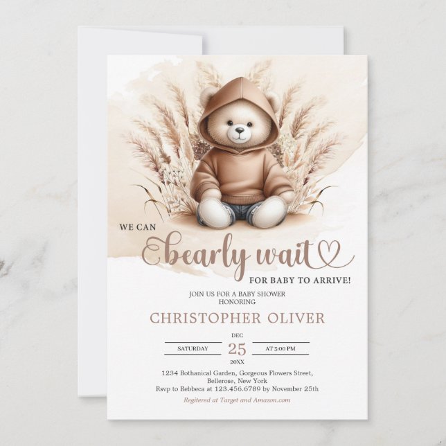 Boho Neutral teddy bear sweatshirt pampas grass Invitation (Front)