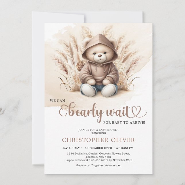 Boho Neutral teddy bear sweatshirt pampas grass Invitation (Front)