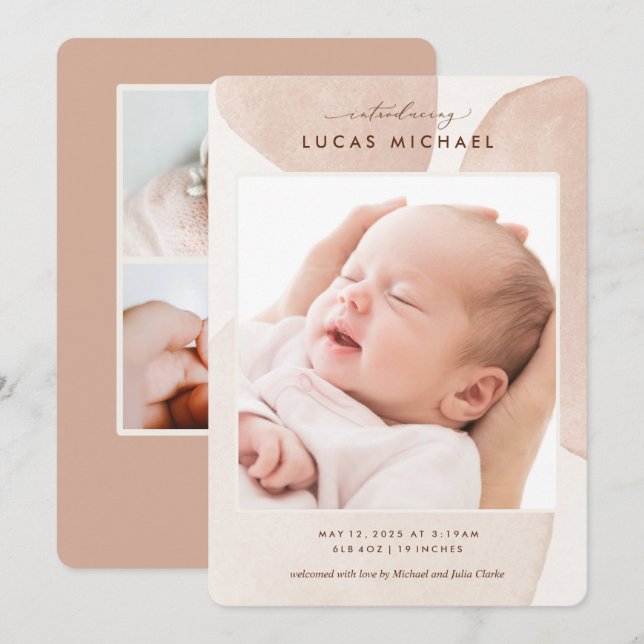 Boho Neutral Watercolor Elegant Photo Announcement (Front/Back)