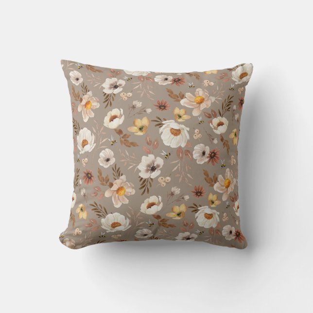 Boho neutral watercolor floral  cushion (Front)