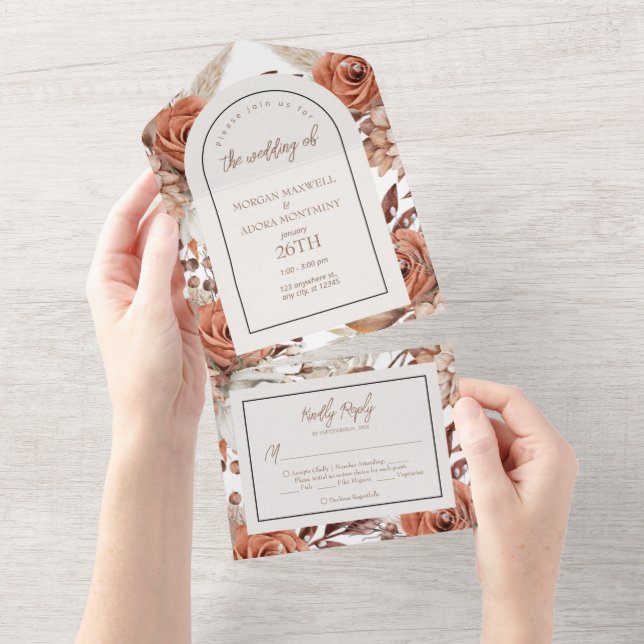 Boho Neutral Watercolor Pampas Wedding   All In One Invitation (Tearaway)