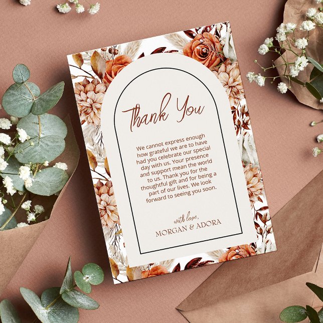 Boho Neutral Watercolor Pampas Wedding Thank You Card (Creator Uploaded)