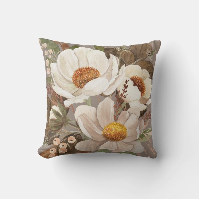 Boho neutral watercolor peony floral cushion (Front)