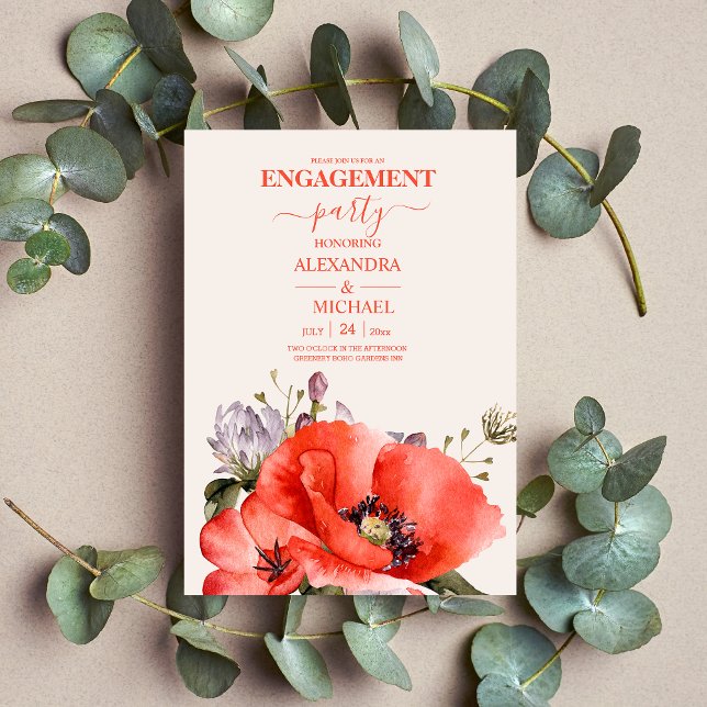 Boho Neutral Watercolor Poppies Engagement Invitation (Creator Uploaded)
