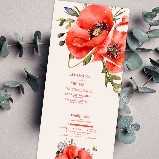 Boho Neutral Watercolor Poppies Wedding  All In One Invitation (Creator Uploaded)