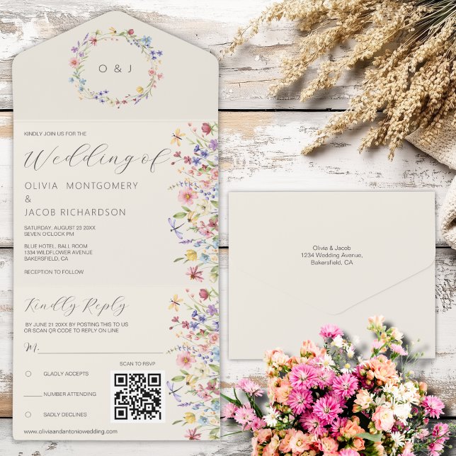 Boho  Neutral Wildflower  RSVP & QR Code Wedding All In One Invitation (Creator Uploaded)