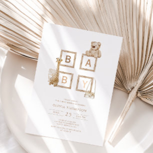 Boho Neutral Wood Block Letters Baby Shower Invitation