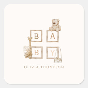 Boho Neutral Wood Block Letters Baby  Square Sticker