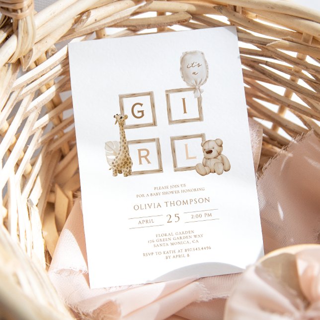 Boho Neutral Wood Block Letters It's A Girl Shower Invitation (Creator Uploaded)