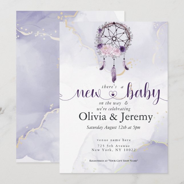 BOHO New Baby Amethyst Dusty Rose Dream Catcher Invitation (Front/Back)