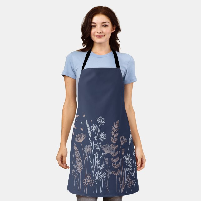 Boho Night Sky Floral Illustration – Moon, Stars & Apron (Worn)
