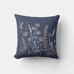 Boho Night Sky Floral Illustration – Moon, Stars & Cushion