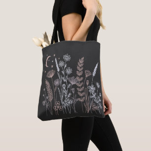 Boho Night Sky Floral Illustration – Moon, Stars & Tote Bag