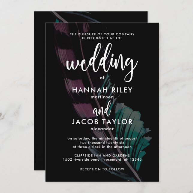Boho Nights Black with Feathers Wedding Invitation (Front/Back)