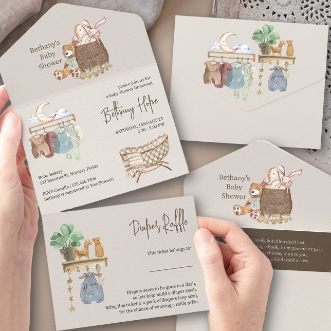 Boho Nursery Baby Shower Book and Diapers All In One Invitation (Trifold Baby Shower Invitation. All-in-One design with book request + tear-off Diaper Raffle Ticket)