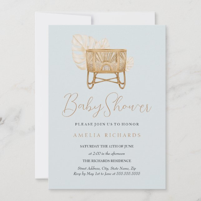 Boho Nursery Bassinet Blue Baby Shower Invitation (Front)