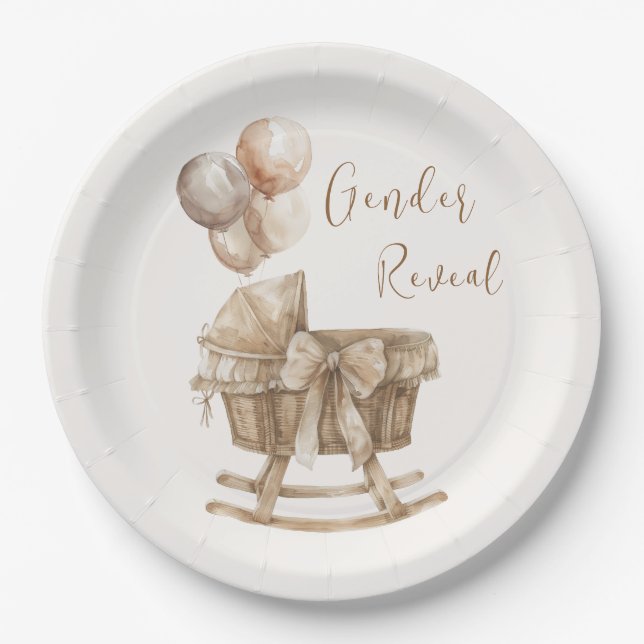 Boho Nursery Beige Balloons Gender Reveal Paper Plate (Front)