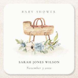 Boho Nursery Blue Floral Bassinet Baby Shower Square Paper Coaster
