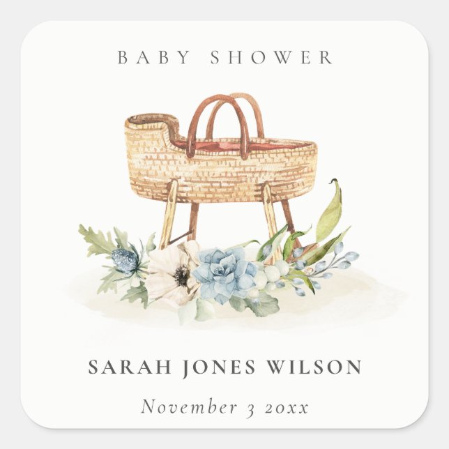 Boho Nursery Blue Floral Bassinet Baby Shower Square Sticker (Front)