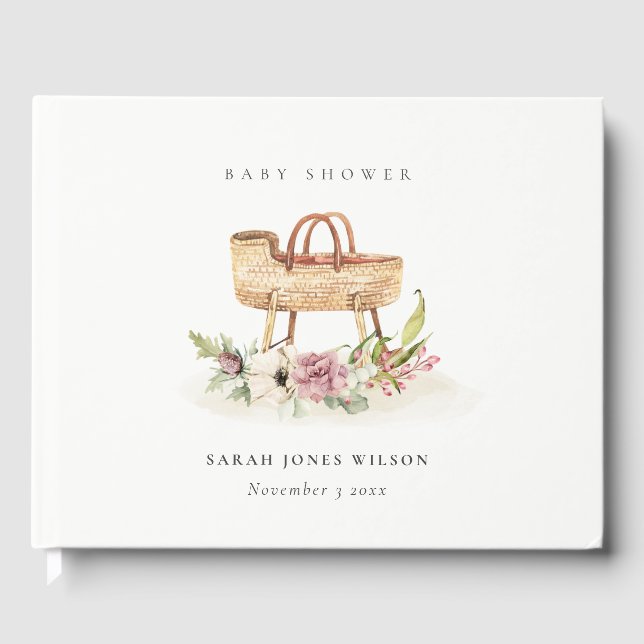 Boho Nursery Pink Floral Bassinet Baby Shower Guest Book (Front)
