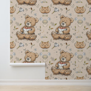 Boho Nursery Teddy Bear with Cake Wallpaper