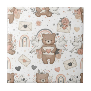Boho Nursery Teddy Bears with Rainbows -Earthy (2) Tile