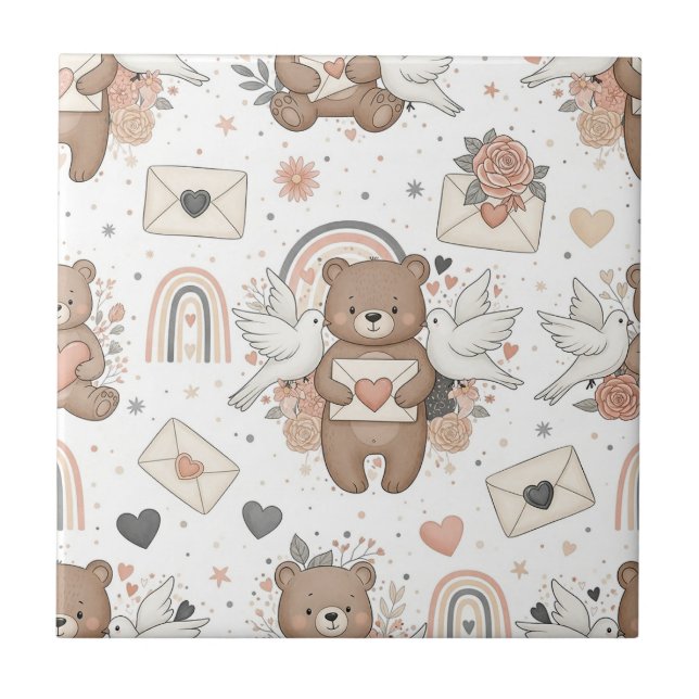 Boho Nursery Teddy Bears with Rainbows -Earthy (2) Tile (Front)