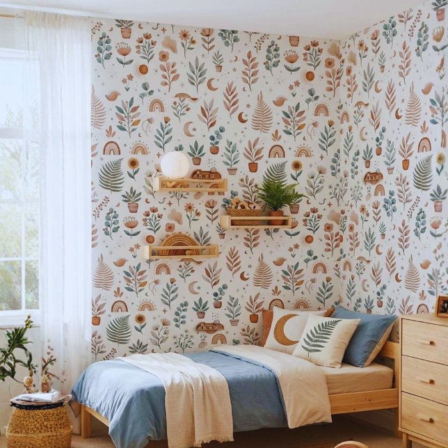 Boho Nursery Wallpaper Neutral Rainbow and Botanic (Boho Floral Nursery Wallpaper | Botanical Baby Room Wall Mural Decor)