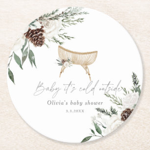 Boho nursery winter evergreen baby shower round paper coaster