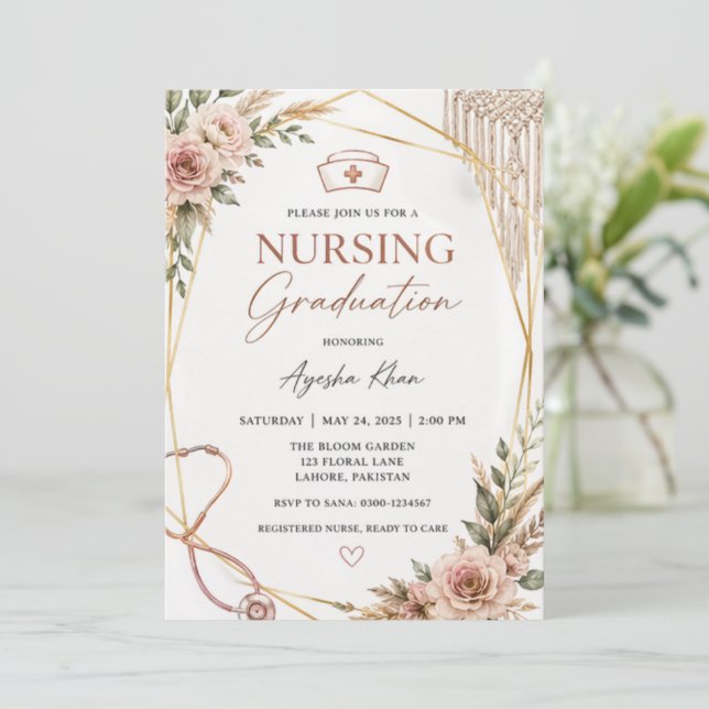 Boho Nursing Graduation Invitation with Stethoscop (Standing Front)
