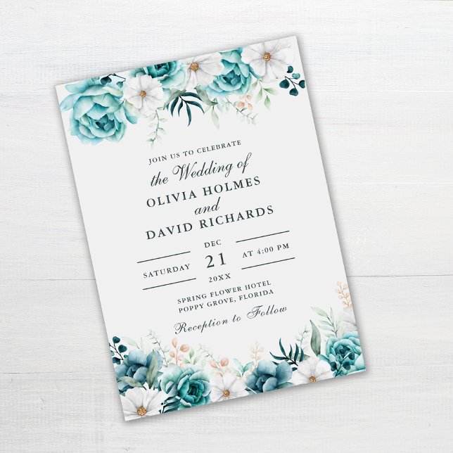 Boho Off-White Teal Wildflowers Wedding Invitation (Teal and Off-White Floral Wedding Invitation on gray table)