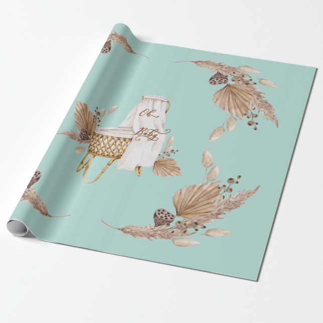 Boho Oh Baby Bassinet Turquoise Baby Shower  Wrapping Paper (Unrolled)