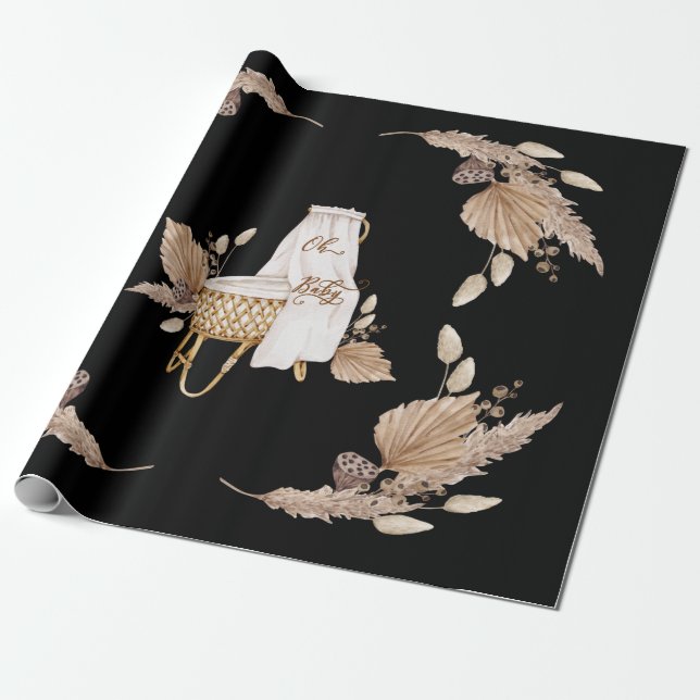 Boho Oh Baby Brown and Black Bassinet  Wrapping Paper (Unrolled)