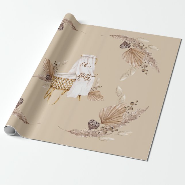 Boho Oh Baby Brown and Tan Bassinet Wrapping Paper (Unrolled)