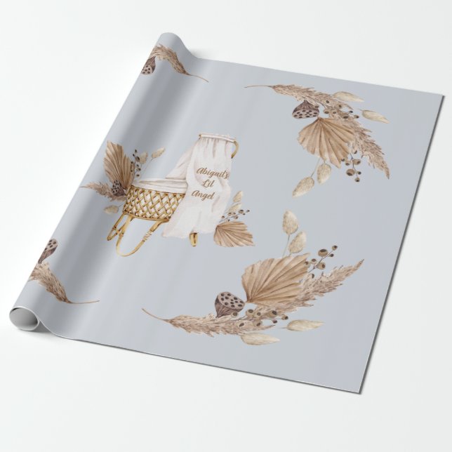 Boho Oh Baby Brown Blue Bassinet Personalised  Wrapping Paper (Unrolled)