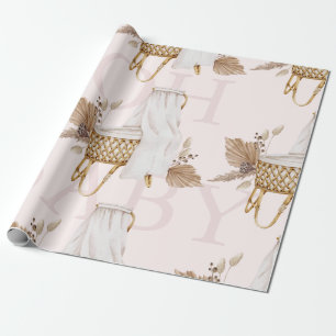 Boho Oh Baby Brown & Pink Bassinet  Wrapping Paper