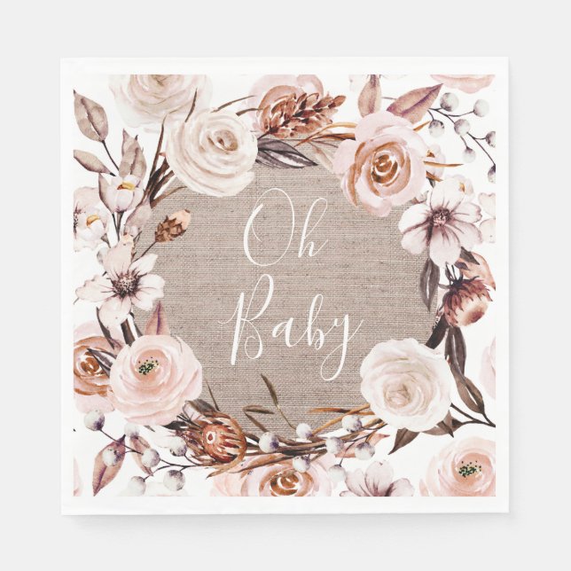 Boho Oh Baby Floral Burlap Paper Napkin (Front)