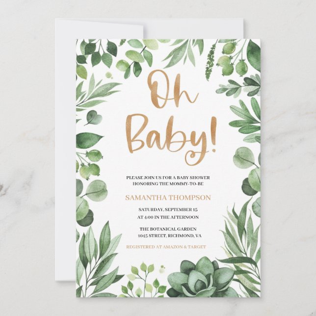 Boho Oh Baby Shower Invitation, Succulent Invite (Front)